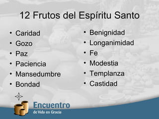12 Frutos del Espíritu Santo
• Caridad
• Gozo
• Paz
• Paciencia
• Mansedumbre
• Bondad
• Benignidad
• Longanimidad
• Fe
• Modestia
• Templanza
• Castidad