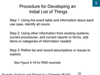 5
28
Procedure for Developing an
Initial List of Things
Step 1: Using the event table and information about each
use case, identify all nouns
Step 2: Using other information from existing systems,
current procedures, and current reports or forms, add
items or categories of information needed
Step 3: Refine list and record assumptions or issues to
explore
See Figure 5-18 for RMO example
 