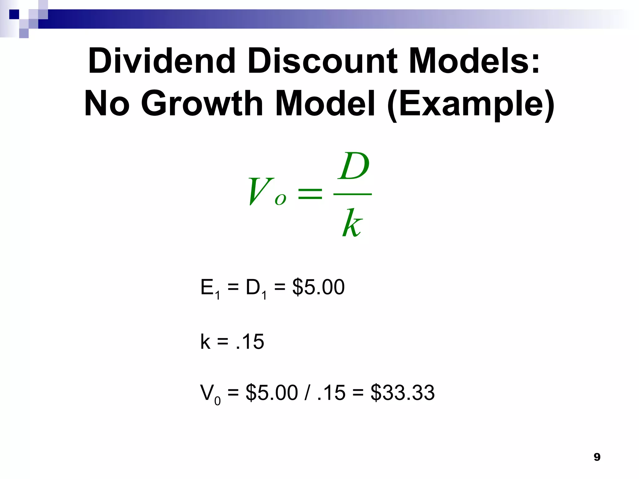 Dividend Discount Models:
No Growth Model (Example)
9
E1 = D1 = $5.00
k = .15
V0 = $5.00 / .15 = $33.33
V
D
k
o =
 