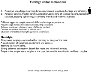 Heritage visitor motivations
Source:Timothy & Boyd, Heritage Tourism, 2003, pp. 69-73
1. Pursuit of knowledge. Learning di...