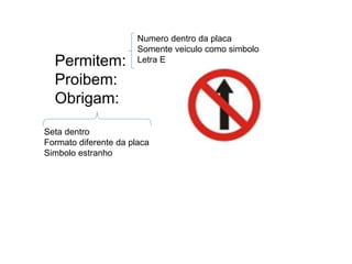 Permitem:
Proibem:
Obrigam:
Numero dentro da placa
Somente veiculo como simbolo
Letra E
Seta dentro
Formato diferente da placa
Simbolo estranho
 