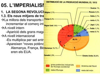 05. L’IMPERIALISME (1870-1914)
1. LA SEGONA REVOLUCIÓ INDUSTRIAL (1870-1914)
1.3. Els nous mitjans de transport
La millora dels transports i l’augment de la producció va
incrementar el comerç intern i l’internacional.
A nivell intern
-Aparició dels grans magatzems.
A nivell internacional
-Es multiplica per set entre el 1850 i el 1914.
-Apareixen “noves potències industrials i comercials”, com
Alemanya, França, Bèlgica, Rússia, encara que la principal
eren els EUA.
 