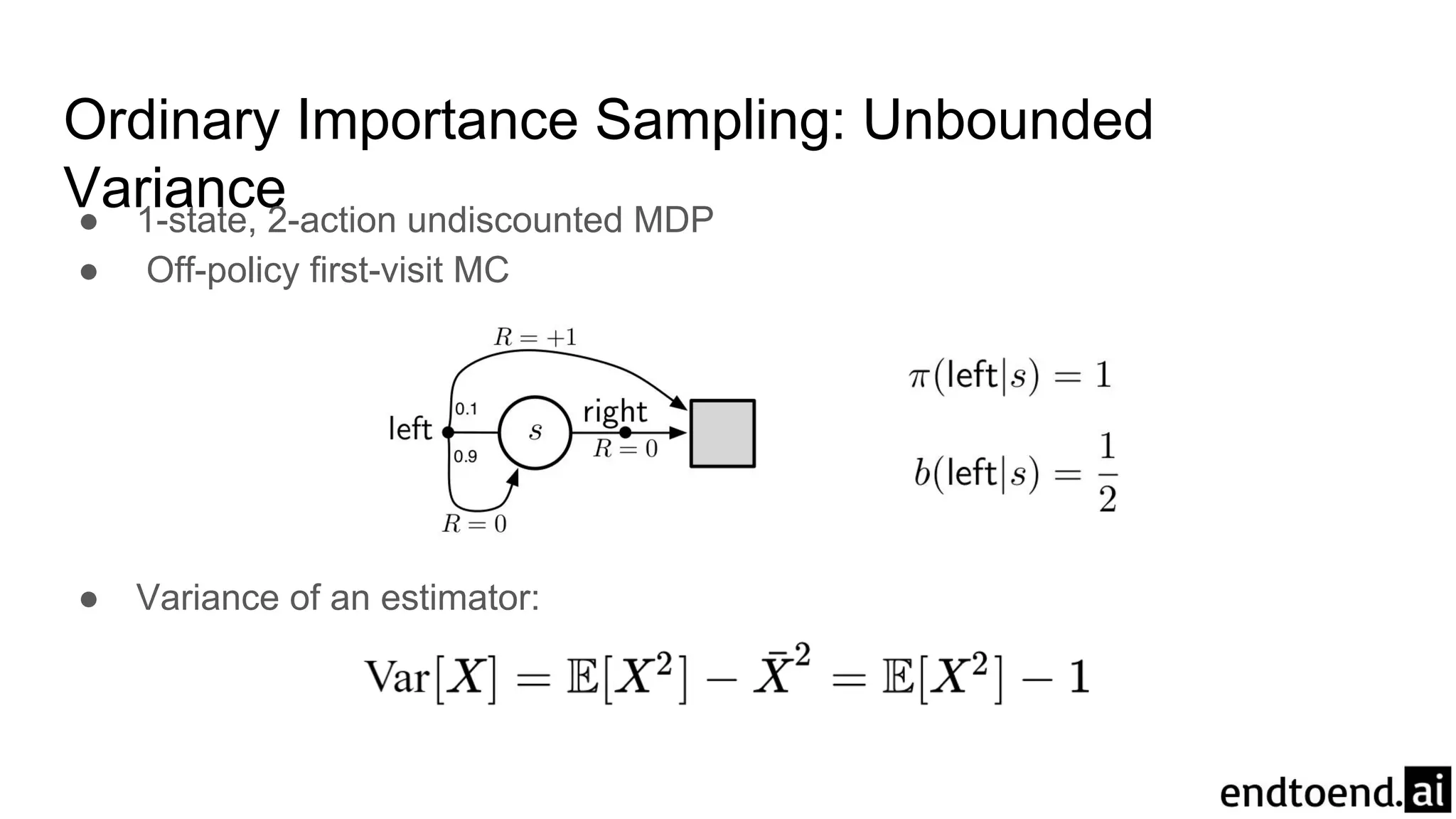 Ordinary Importance Sampling: Unbounded
Variance● 1-state, 2-action undiscounted MDP
● Off-policy first-visit MC
● Variance of an estimator:
 