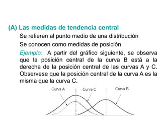 (A) Las medidas de tendencia central
Se refieren al punto medio de una distribución
Se conocen como medidas de posición
Ejemplo: A partir del gráfico siguiente, se observa
que la posición central de la curva B está a la
derecha de la posición central de las curvas A y C.
Observese que la posición central de la curva A es la
misma que la curva C.
 