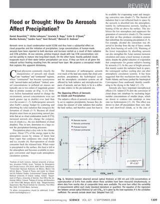 Flood or Drought: How Do Aerosols
Affect Precipitation?
Daniel Rosenfeld,1
* Ulrike Lohmann,2
Graciela B. Raga,3
Colin D. O’Dowd,4
Markku Kulmala,5
Sandro Fuzzi,6
Anni Reissell,5
Meinrat O. Andreae7
Aerosols serve as cloud condensation nuclei (CCN) and thus have a substantial effect on
cloud properties and the initiation of precipitation. Large concentrations of human-made
aerosols have been reported to both decrease and increase rainfall as a result of their radiative
and CCN activities. At one extreme, pristine tropical clouds with low CCN concentrations rain
out too quickly to mature into long-lived clouds. On the other hand, heavily polluted clouds
evaporate much of their water before precipitation can occur, if they can form at all given the
reduced surface heating resulting from the aerosol haze layer. We propose a conceptual model
that explains this apparent dichotomy.
C
loud physicists commonly classify the
characteristics of aerosols and clouds
into “maritime” and “continental” regimes,
where “continental” has become synonymous
with “aerosol-laden and polluted.” Indeed, aero-
sol concentrations in polluted air masses are
typically one to two orders of magnitude greater
than in pristine oceanic air (Fig. 1) (1). How-
ever, before humankind started to change the
environment, aerosol concentrations were not
much greater (up to double) over land than
over the oceans (1, 2). Anthropogenic aerosols
alter Earth’s energy budget by scattering and
absorbing the solar radiation that energizes the
formation of clouds (3–5). Because all cloud
droplets must form on preexisting aerosol par-
ticles that act as cloud condensation nuclei (CCN),
increased aerosols also change the composi-
tion of clouds (i.e., the size distribution of cloud
droplets). This, in turn, determines to a large ex-
tent the precipitation-forming processes.
Precipitation plays a key role in the climate
system. About 37% of the energy input to the
atmosphere occurs by release of latent heat
from vapor that condenses into cloud drops
and ice crystals (6). Reevaporation of clouds
consumes back the released heat. When water
is precipitated to the surface, this heat is left in
the atmosphere and becomes available to ener-
gize convection and larger-scale atmospheric
circulation systems.
The dominance of anthropogenic aerosols
over much of the land area means that cloud com-
position, precipitation, the hydrological cycle,
and the atmospheric circulation systems are all
affected by both radiative and microphysical im-
pacts of aerosols, and are likely to be in a differ-
ent state relative to the pre-industrial era.
The Opposing Effects of Aerosols
on Clouds and Precipitation
The radiative effects of aerosols on clouds most-
ly act to suppress precipitation, because they de-
crease the amount of solar radiation that reaches
the land surface, and therefore cause less heat to
be available for evaporating water and energiz-
ing convective rain clouds (7). The fraction of
radiation that is not reflected back to space by
the aerosols is absorbed into the atmosphere,
mainly by carbonaceous aerosols, leading to
heating of the air above the surface. This sta-
bilizes the low atmosphere and suppresses the
generation of convective clouds (5). The warmer
and drier air thus produces circulation systems
that redistribute the remaining precipitation (8, 9).
For example, elevated dry convection was ob-
served to develop from the top of heavy smoke
palls from burning oil wells (10). Warming of
the lower troposphere by absorbing aerosols
can also strengthen the Asian summer monsoon
circulation and cause a local increase in precipi-
tation, despite the global reduction of evaporation
that compensates for greater radiative heating
by aerosols (11). In the case of bright aerosols
that mainly scatter the radiation back to space,
the consequent surface cooling also can alter
atmospheric circulation systems. It has been
suggested that this mechanism has cooled the
North Atlantic and hence pushed the Intertropical
Convergence Zone southward, thereby contrib-
uting to the drying in the Sahel (12, 13).
Aerosols also have important microphysical
effects (14). Added CCN slow the conversion of
cloud drops into raindrops by nucleating larger
number concentrations of smaller drops, which
are slower to coalesce into raindrops or rime
onto ice hydrometeors (15, 16). This effect was
shown to shut off precipitation from very shal-
low and short-lived clouds, as in the case of
REVIEW
1
Institute of Earth Sciences, Hebrew University of Jerusa-
lem, Jerusalem 91904, Israel. 2
Institute for Atmospheric
and Climate Science, ETH Zürich, 8092 Zürich, Switzerland.
3
Universidad Nacional Autónoma de México, Mexico City
04510, Mexico. 4
School of Physics and Centre for Climate
and Air Pollution Studies, Environmental Change Institute,
National University of Ireland, Galway, Ireland. 5
Depart-
ment of Physics, University of Helsinki, Post Office Box 64,
Helsinki 00014, Finland. 6
Istituto di Scienze dell’Atmosfera
e del Clima–CNR, Bologna 40129, Italy. 7
Biogeochemistry
Department, Max Planck Institute for Chemistry, Post Office
Box 3060, D-55020 Mainz, Germany.
*To whom correspondence should be addressed. E-mail:
daniel.rosenfeld@huji.ac.il
y = 0.0027x0.643
R2
= 0.87
0.010
0.100
1.000
10 100 1000 10,000
CCN0.4
(cm-3
)
AOT500
Remote marine
Remote continental
Polluted marine
Polluted continental
Fig. 1. Relations between observed aerosol optical thickness at 500 nm and CCN concentrations at
supersaturation of 0.4% from studies where these variables have been measured simultaneously, or
where data from nearby sites at comparable times were available. The error bars reflect the variability
of measurements within each study (standard deviations or quartiles). The equation of the regression
line between aerosol optical thickness (y) and CCN0.4 (x) is given by the inset expression; R is the correlation
coefficient. The aerosols exclude desert dust. [Adapted from (1)]
www.sciencemag.org SCIENCE VOL 321 5 SEPTEMBER 2008 1309
onSeptember9,2008www.sciencemag.orgDownloadedfrom
 