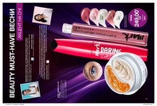 НАБІР«АКЦЕНТНАОЧІ»
Унаборі:
•Система2в1дляшкіринавколоочей
«Ліфтингізміцнення»:кремігель(20мл)
•Блискдлягуб«3DОб’єм»(7мл)
•Тушдлявій«Об’єм.Провокація»(10мл)
Повнавартістьнабору:465,00грн
Виразнийіяснийпогляд–ценайкращаприкрасакожноїжінки.
Кокетливітагустівіїзпровокаційнимоб’ємомпривернутьувагудо
Твоїхочей.Аблискдлягубнейтральноговідтінкунебудевідволікативід
інтенсивногомакіяжуочей.
Сучаснийритмжиттявимагаєвіджінкивиглядатибездоганносьогоднітазараз.
Подвійнийкремдляшкіринавколоочейподаруємиттєвийліфтинг-ефекттасвіжість
поглядупереднанесенняммакіяжу,щобТивиглядаладосконалопротягомвсьогодня.
Ащобефектсвіжостібувмаксимальним,підготуйзвечоракубикильоду–іпротриними
шкірупідочимаодразупісляпробудження.
Зірковийвізажистміжнародногорівня
ОЛЕКСАНДРКОДАК
Лікардерматолог-косметолог
НАТАЛІЯВІШНІКІНА
BEAUTYMUST-HAVEВЕСНИ
АКЦЕНТНАОЧІ
Набiр
лишеза
249,00*
грн
ЗНИЖКА
45%
гельдляниж
ньо
їповіки
гельд
ля
верхньоїповіки
Clear
Прозорий
15217*
Nude
Світло-рожевий
15580*
Mauve
Рожево-ліловий
15486*
PinkPout
Рожевийдесерт
18934*
PlumpingPearl
Перлинний
57998*
115
*Коднаборузбажаним
відтінкомблискудлягуб
201905_EE_11_0076.indd All Pages 20/12/2018 09:24
 