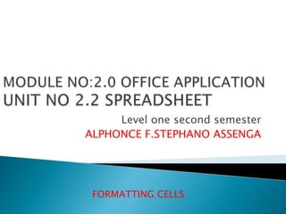 Level one second semester
ALPHONCE F.STEPHANO ASSENGA
FORMATTING CELLS
 