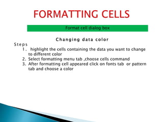 Format cell dialog box
C h a n g i n g d a t a c o l o r
S t e p s
1 . highlight the cells containing the data you want to change
to different color
2. Select formatting menu tab ,choose cells command
3. After formatting cell appeared click on fonts tab or pattern
tab and choose a color
 