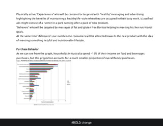 #BOLD change
Physically active “Experiencers” who will be centered or targeted with “healthy” messaging and advertising
highlighting the benefits of maintaining a healthy life-style when they are occupied in their busy work. (classified
ads might consist of a runner in a park running after a pack of new product).
“Believers” who will be targeted by messages of fat and gluten free Doritos helping in meeting his/her nutritional
goals.
At the same time “Achievers”, our number one consumers will be attracted towards the new product with the idea
of meeting something helpful and nutritional in lifestyle.
Purchase Behavior
As we can see from the graph, households in Australia spend ~16% of their income on food and beverages
purchases, but this proportion accounts for a much smaller proportion of overall family purchases.
 