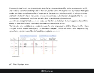 #BOLD change
[Euromonitor, Key Trends and development in Australia] As consumer demand for products that promote health
and wellbeing has remained strong in 2017. Therefore, Doritos will be initially priced low to penetrate the targeted
market quickly attracting large number of buyers and at the same time capitalizing quickly to gain market share
and lately will allow Doritos to increase the price as demand increases, it will also create a goodwill for the early
adopters and rapid adoption & diffusion will help taking up with competition by surprise.
As per the exercise performed, appendix 6.2. we can say that there is elasticity in demand suggesting that with the
change in price of the product consumer tends to switch to a substitute product.
Therefore, the price would be set at a moderate range. The price range would be $2.0 for 90gms, $3.3 for 150gms
-170gms, $5.5 for 330gms (family pack). To compete with the peers, Doritos new product must keep the pricing
somewhat in a similar range of Doritos’ established products, appendix 6.2
6.3 Distribution plan
 