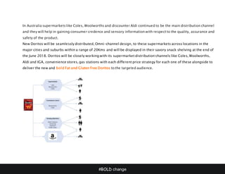 #BOLD change
In Australia supermarkets like Coles, Woolworths and discounter Aldi continued to be the main distribution channel
and they will help in gaining consumer credence and sensory information with respect to the quality, assurance and
safety of the product.
New Doritos will be seamlessly distributed, Omni-channel design, to these supermarkets across locations in the
major cities and suburbs within a range of 20Kms and will be displayed in their savory snack shelving at the end of
the June 2018. Doritos will be closely working with its supermarket distribution channels like Coles, Woolworths,
Aldi and IGA, convenience stores, gas stations with each different price strategy for each one of these alongside to
deliver the new and bold Fat and Gluten free Doritos to the targeted audience.
 