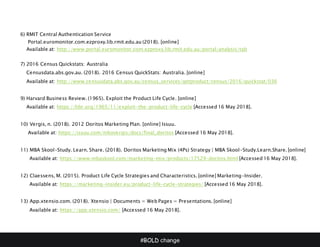 #BOLD change
6) RMIT Central Authentication Service
Portal.euromonitor.com.ezproxy.lib.rmit.edu.au (2018). [online]
Available at: http://www.portal.euromonitor.com.ezproxy.lib.rmit.edu.au/portal/analysis/tab
7) 2016 Census Quickstats: Australia
Censusdata.abs.gov.au. (2018). 2016 Census QuickStats: Australia. [online]
Available at: http://www.censusdata.abs.gov.au/census_services/getproduct/census/2016/quickstat/036
9) Harvard Business Review. (1965). Exploit the Product Life Cycle. [online]
Available at: https://hbr.org/1965/11/exploit-the-product-life-cycle [Accessed 16 May 2018].
10) Vergis, n. (2018). 2012 Doritos Marketing Plan. [online] Issuu.
Available at: https://issuu.com/nikovergis/docs/final_doritos [Accessed 16 May 2018].
11) MBA Skool-Study. Learn. Share. (2018). Doritos Marketing Mix (4Ps) Strategy | MBA Skool-Study.Learn.Share. [online]
Available at: https://www.mbaskool.com/marketing-mix/products/17529-doritos.html [Accessed 16 May 2018].
12) Claessens, M. (2015). Product Life Cycle Strategies and Characteristics. [online] Marketing-Insider.
Available at: https://marketing-insider.eu/product-life-cycle-strategies/ [Accessed 16 May 2018].
13) App.xtensio.com. (2018). Xtensio | Documents = Web Pages = Presentations. [online]
Available at: https://app.xtensio.com/ [Accessed 16 May 2018].
 