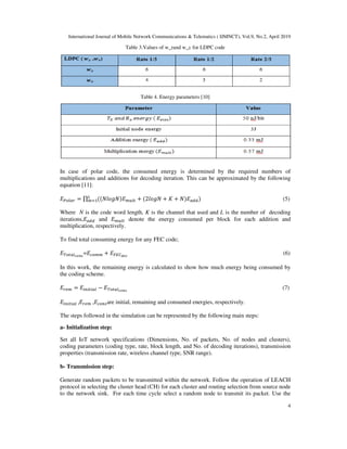 International Journal of Mobile Network Communications & Telematics ( IJMNCT), Vol.9, No.2, April 2019
4
Table 3.Values of w_rand w_c for LDPC code
Table 4. Energy parameters [10]
In case of polar code, the consumed energy is determined by the required numbers of
multiplications and additions for decoding iteration. This can be approximated by the following
equation [11]:
! ) = ∏ ((%123%) - . + (2123% + 5 + %) //0 ) (5)
Where N is the code word length, K is the channel that used and L is the number of decoding
iterations, // and - . denote the energy consumed per block for each addition and
multiplication, respectively.
To find total consuming energy for any FEC code;
. 6789
= + :;"<=6
(6)
In this work, the remaining energy is calculated to show how much energy being consumed by
the coding scheme.
) = >?>.> − . 6789
(7)
>?>.> 	‚ ) 	‚ ?Aare initial, remaining and consumed energies, respectively.
The steps followed in the simulation can be represented by the following main steps:
a- Initialization step:
Set all IoT network specifications (Dimensions, No. of packets, No. of nodes and clusters),
coding parameters (coding type, rate, block length, and No. of decoding iterations), transmission
properties (transmission rate, wireless channel type, SNR range).
b- Transmission step:
Generate random packets to be transmitted within the network. Follow the operation of LEACH
protocol in selecting the cluster head (CH) for each cluster and routing selection from source node
to the network sink. For each time cycle select a random node to transmit its packet. Use the
 