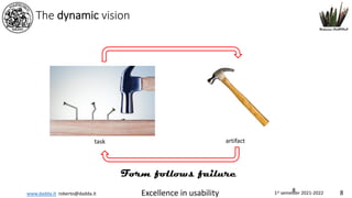 www.dadda.it roberto@dadda.it Excellence in usability 1st semester 2021-2022 8
The dynamic vision
Form follows failure
task artifact
8
 
