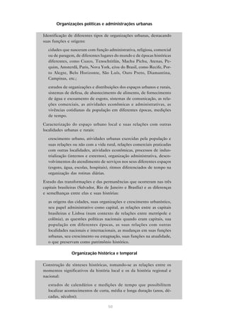Organizações políticas e administrações urbanas

• Identificação de diferentes tipos de organizações urbanas, destacando
  suas funções e origens:

   • cidades que nasceram com função administrativa, religiosa, comercial
     ou de paragem, de diferentes lugares do mundo e de épocas históricas
     diferentes, como Cuzco, Tenochtitlán, Machu Pichu, Atenas, Pe-
     quim, Amsterdã, Paris, Nova York, e/ou do Brasil, como Recife, Por-
     to Alegre, Belo Horizonte, São Luís, Ouro Preto, Diamantina,
     Campinas, etc.;

   • estudos de organizações e distribuições dos espaços urbanos e rurais,
     sistemas de defesa, de abastecimento de alimento, de fornecimento
     de água e escoamento de esgoto, sistemas de comunicação, as rela-
     ções comerciais, as atividades econômicas e administrativas, as
     vivências cotidianas da população em diferentes épocas, medições
     de tempo.

• Caracterização do espaço urbano local e suas relações com outras
  localidades urbanas e rurais:

   • crescimento urbano, atividades urbanas exercidas pela população e
     suas relações ou não com a vida rural, relações comerciais praticadas
     com outras localidades, atividades econômicas, processos de indus-
     trialização (internos e externos), organização administrativa, desen-
     volvimentos do atendimento de serviços nos seus diferentes espaços
     (esgoto, água, escolas, hospitais), ritmos diferenciados de tempo na
     organização das rotinas diárias.

• Estudo das transformações e das permanências que ocorreram nas três
  capitais brasileiras (Salvador, Rio de Janeiro e Brasília) e as diferenças
  e semelhanças entre elas e suas histórias:

   • as origens das cidades, suas organizações e crescimento urbanístico,
     seu papel administrativo como capital, as relações entre as capitais
     brasileiras e Lisboa (num contexto de relações entre metrópole e
     colônia), as questões políticas nacionais quando eram capitais, sua
     população em diferentes épocas, as suas relações com outras
     localidades nacionais e internacionais, as mudanças em suas funções
     urbanas, seu crescimento ou estagnação, suas funções na atualidade,
     o que preservam como patrimônio histórico.

                   Organização histórica e temporal

• Construção de sínteses históricas, tomando-se as relações entre os
  momentos significativos da história local e os da história regional e
  nacional:

   • estudos de calendários e medições de tempo que possibilitem
     localizar acontecimentos de curta, média e longa duração (anos, dé-
     cadas, séculos);

                                        50
 