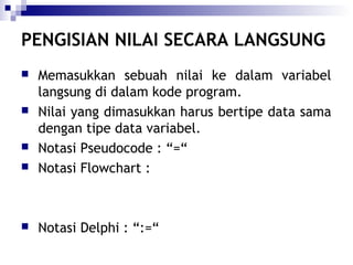 PENGISIAN NILAI SECARA LANGSUNG



Memasukkan sebuah nilai ke dalam variabel
langsung di dalam kode program.
Nilai yang dimasukkan harus bertipe data sama
dengan tipe data variabel.
Notasi Pseudocode : “=“
Notasi Flowchart :



Notasi Delphi : “:=“







 