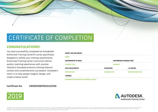 CONGRATULATIONS!
BERRY VAN DEN BROEK
You have successfully completed an Autodesk®
Authorized Training Center® course specifically
designed to satisfy your training requirements.
Authorized Training Center instructors deliver
quality–learning experiences with courses
related to Autodesk products utilizing relevant
content and comprehensive courseware. Autodesk’s
vision is to help people imagine, design, and
create a better world.
NAME
NAVISWORKS MANAGE 2019NAVISWORKS OP MAAT
PRODUCTCOURSE TITLE
07/02/2019RICK HEUCKEROTH 1-8 HOURS
COURSE DATE COURSE DURATIONINSTRUCTOR
ITANNEX
AUTODESK AUTHORIZED TRAINING CENTER
Certificate No. EM062509878104453309
2019
 