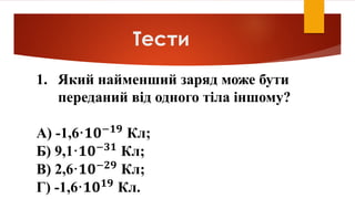 Тести
1. Який найменший заряд може бути
переданий від одного тіла іншому?
А) -1,6·𝟏𝟎−𝟏𝟗
Кл;
Б) 9,1·𝟏𝟎−𝟑𝟏
Кл;
В) 2,6·𝟏𝟎−𝟐𝟗 Кл;
Г) -1,6·𝟏𝟎 𝟏𝟗
Кл.
 