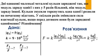 Дві однакові маленькі металеві кульки заряджені так, що
модуль заряду однієї з них у 5 разів більший, ніж модуль
заряду іншої. Кульки змусили торкнутись одна одної і розвели
на початкову відстань. У скільки разів змінилася сила
взаємодії кульок, якщо перед дотиком вони були заряджені
однойменно? Різнойменно?
|𝒒 𝟏| = 5∙|𝒒 𝟐|
𝒌 = 𝟗 ∙ 𝟏𝟎 𝟗 Н∙м 𝟐
Кл 𝟐
𝑭 𝟏
𝑭
−?
𝑭 𝟐
𝑭
−?
𝐹 = 𝑘
| 𝒒 𝟏|∙| 𝒒 𝟐|
𝑟2 = 𝑘
5𝒒 𝟐∙ 𝒒 𝟐
𝑟2 = 𝑘
𝟓𝒒 𝟐
𝟐
𝑟2 ;
 