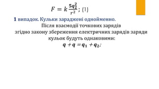 𝐹 = 𝑘
𝟓𝒒 𝟐
𝟐
𝑟2 ; (1)
𝟏 випадок. Кульки зараджені однойменно.
Після взаємодії точкових зарядів
згідно закону збереження електричних зарядів заряди
кульок будуть однаковими:
𝒒 + 𝒒 = 𝒒 𝟏 + 𝒒 𝟐;
 