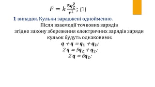 𝐹 = 𝑘
𝟓𝒒 𝟐
𝟐
𝑟2 ; (1)
𝟏 випадок. Кульки зараджені однойменно.
Після взаємодії точкових зарядів
згідно закону збереження електричних зарядів заряди
кульок будуть однаковими:
𝒒 + 𝒒 = 𝒒 𝟏 + 𝒒 𝟐;
2 𝒒 = 5 𝒒 𝟐 + 𝒒 𝟐;
2 𝒒 = 6 𝒒 𝟐;
 