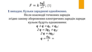 𝐹 = 𝑘
𝟓𝒒 𝟐
𝟐
𝑟2 ; (1)
𝟏 випадок. Кульки зараджені однойменно.
Після взаємодії точкових зарядів
згідно закону збереження електричних зарядів заряди
кульок будуть однаковими:
𝒒 + 𝒒 = 𝒒 𝟏 + 𝒒 𝟐;
2 𝒒 = 5 𝒒 𝟐 + 𝒒 𝟐;
2 𝒒 = 6 𝒒 𝟐;
𝒒 =
6 𝒒 𝟐
2
=
 