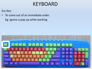 KEYBOARD
Esc Key:
• To come out of an immediate order.
Eg: ignore a pop up while working
 