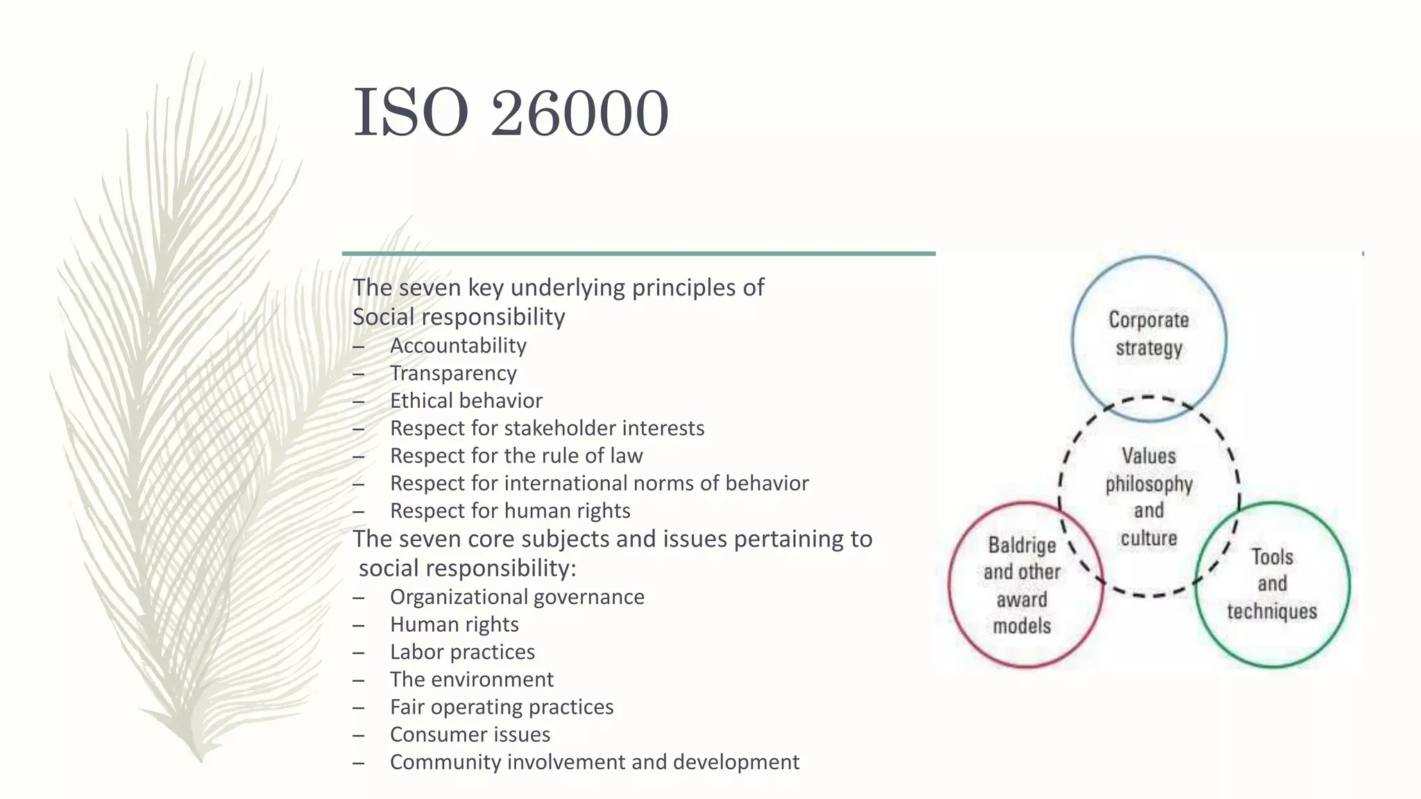 ISO 26000
The seven key underlying principles of
Social responsibility
– Accountability
– Transparency
– Ethical behavior
– Respect for stakeholder interests
– Respect for the rule of law
– Respect for international norms of behavior
– Respect for human rights
The seven core subjects and issues pertaining to
social responsibility:
– Organizational governance
– Human rights
– Labor practices
– The environment
– Fair operating practices
– Consumer issues
– Community involvement and development
 
