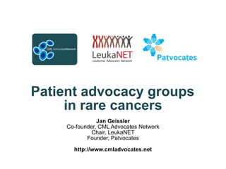   Patient advocacy groups  in rare cancers Jan Geissler Co-founder, CML Advocates Network Chair, LeukaNET Founder, Patvocates    http://www.cmladvocates.net  