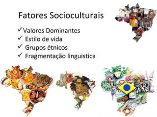 Fatores Socioculturais
Valores Dominantes
 Estilo de vida
 Grupos étnicos
 Fragmentação linguistica

 
