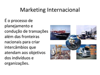 Marketing Internacional
É o processo de
planejamento e
condução de transações
além das fronteiras
nacionais para criar
intercâmbios que
atendam aos objetivos
dos indivíduos e
organizações.

 