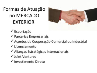 Formas de Atuação
no MERCADO
EXTERIOR
 Exportação
 Parcerias Empresariais
 Acordos de Cooperação Comercial ou Industrial
 Licenciamento
 Alianças Estratégicas Internacionais
 Joint Ventures
 Investimento Direto

 