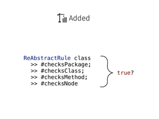 Added
ReAbstractRule class
>> #checksPackage;
>> #checksClass;
>> #checksMethod;
>> #checksNode
true?
 