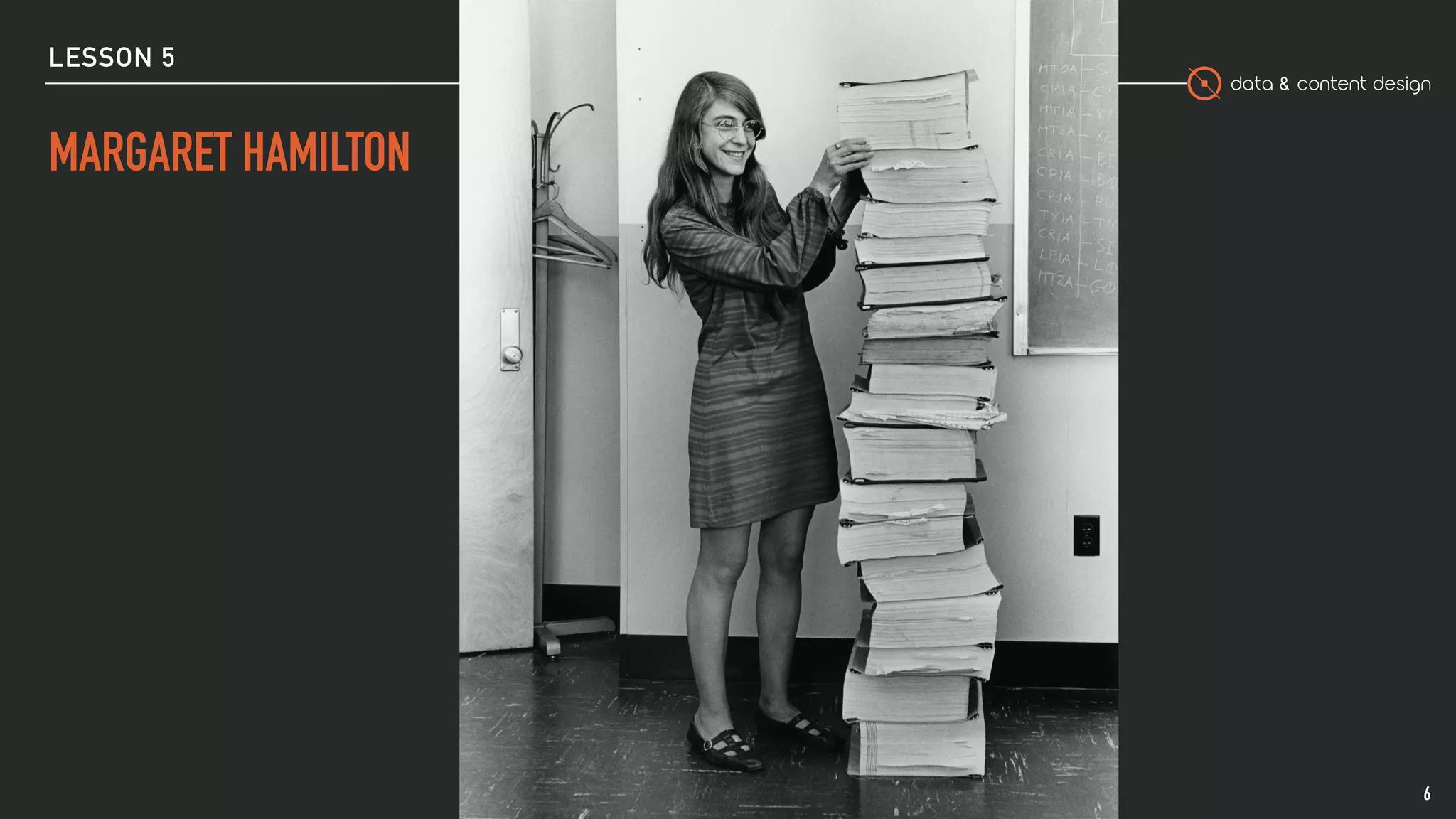 data & content design
LESSON 5
MARGARET HAMILTON
6
 