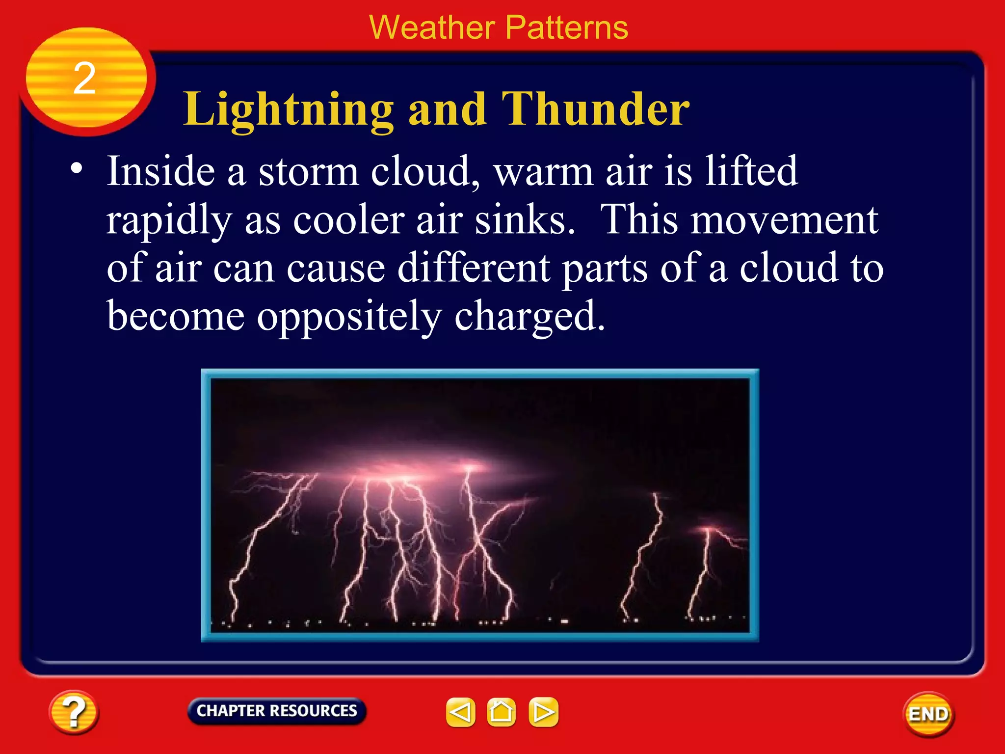 Lightning and Thunder
• Inside a storm cloud, warm air is lifted
rapidly as cooler air sinks. This movement
of air can cause different parts of a cloud to
become oppositely charged.
Weather Patterns
2
 