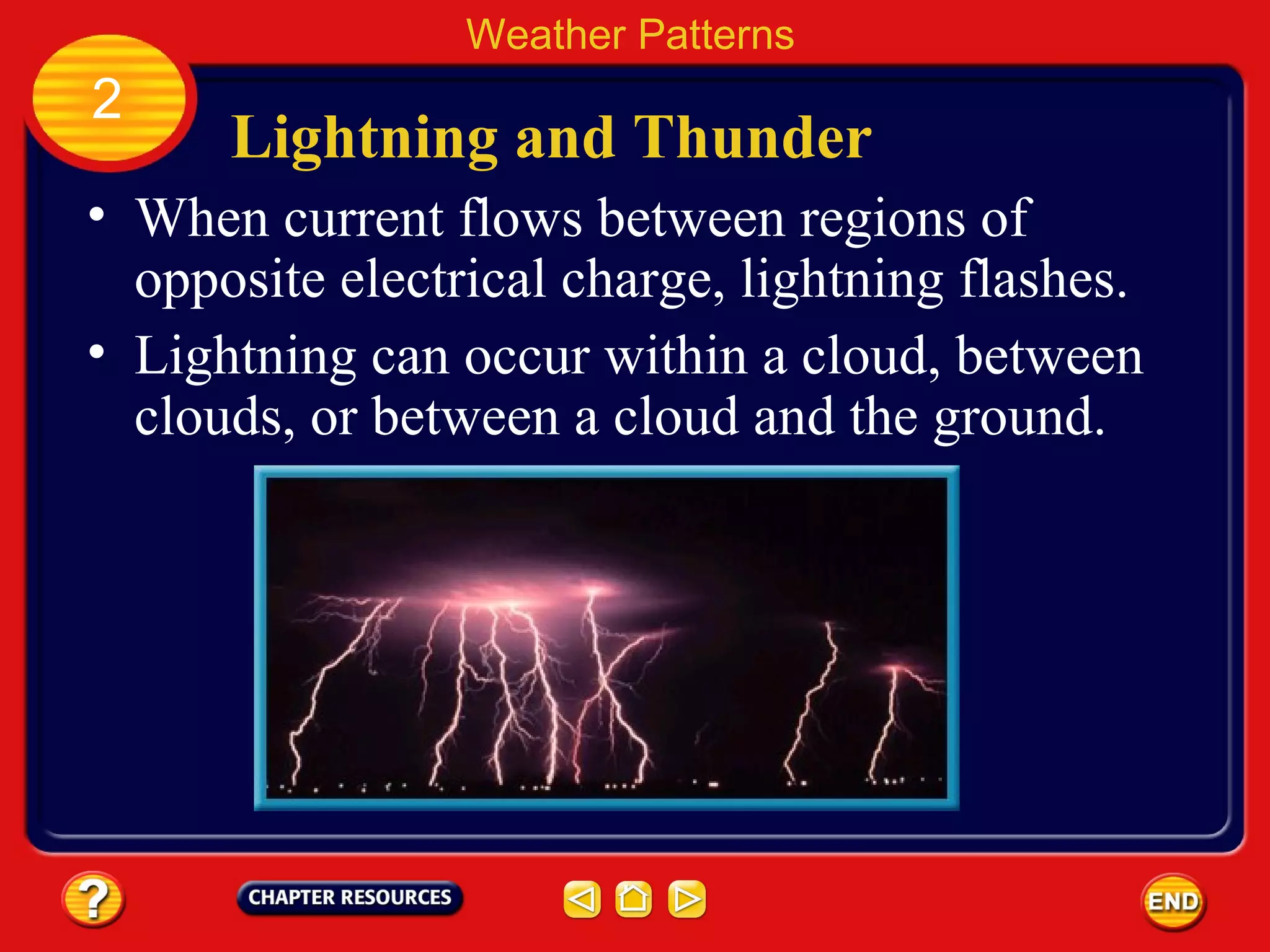 Lightning and Thunder
Weather Patterns
2
• When current flows between regions of
opposite electrical charge, lightning flashes.
• Lightning can occur within a cloud, between
clouds, or between a cloud and the ground.
 