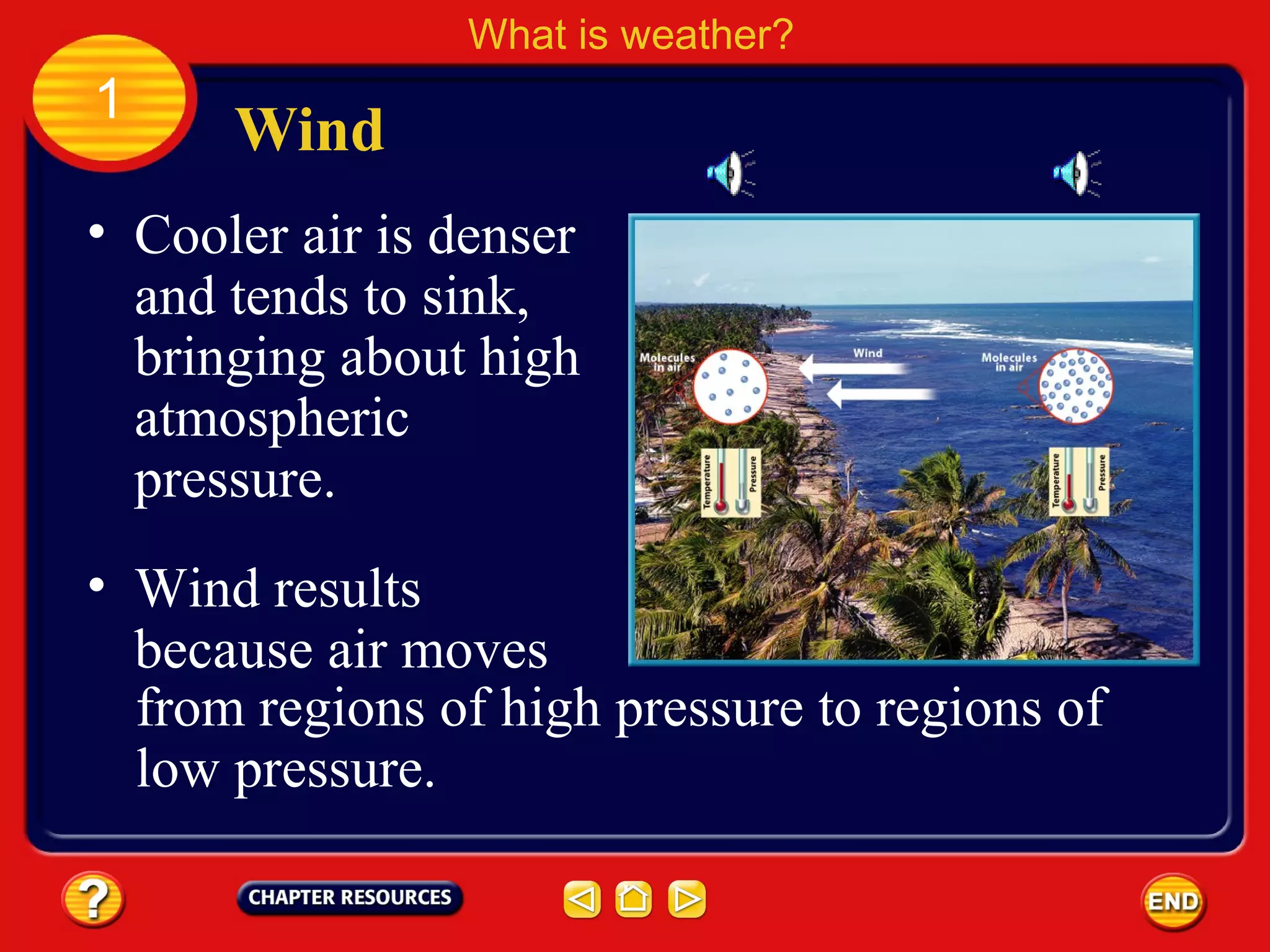 • Cooler air is denser
and tends to sink,
bringing about high
atmospheric
pressure.
Wind
What is weather?
1
• Wind results
because air moves
from regions of high pressure to regions of
low pressure.
 