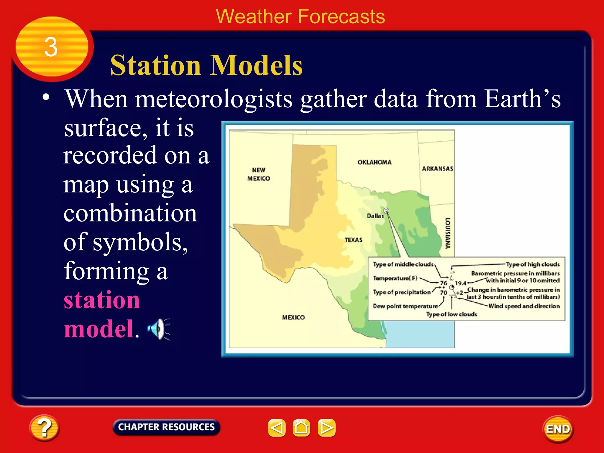 • When meteorologists gather data from Earth’s
surface, it is
recorded on a
map using a
combination
of symbols,
forming a
station
model.
Station Models
Weather Forecasts
3
 