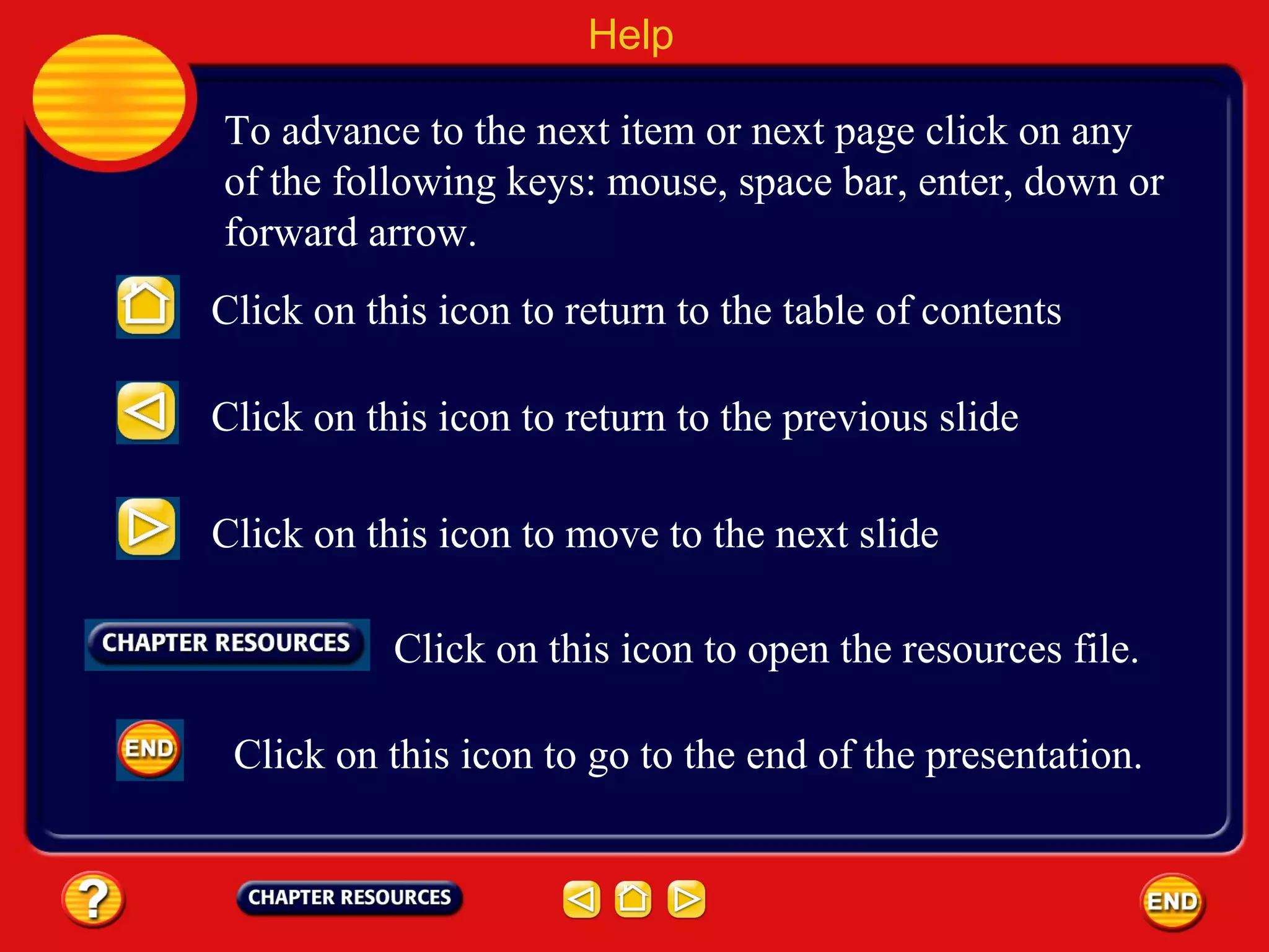 To advance to the next item or next page click on any
of the following keys: mouse, space bar, enter, down or
forward arrow.
Click on this icon to return to the table of contents
Click on this icon to return to the previous slide
Click on this icon to move to the next slide
Click on this icon to open the resources file.
Help
Click on this icon to go to the end of the presentation.
 