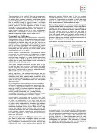 The winding down of tax credits for ﬁrst-time homebuyers and
some trade-up buyers will also serve to curb GDP growth during
the second half of the year. In addition, following the outsized
gains over the past two quarters, inventories will also add much
less to economic growth in coming quarters. We expect
inventories to rise by about $50 billion a quarter over the
forecast period but look for essentially no boost to output
following the current quarter. Slower economic growth is
expected to keep the Fed on the sidelines until at least the tail
end of this year. However, we look for the Fed to withdraw some
of the liquidity it has added to the ﬁnancial system, and look for a
rate hike in December followed by more moves in 2011.

Europe pulls out the big guns
The realization that another global ﬁnancial crisis was looming,
which was being driven by concerns about government debt in
some European countries, recently spurred European leaders
to implement a three-part plan. First, the plan calls for the
establishment of a massive lending facility. Individual countries
and the European Commission have committed to a €500
billion facility and the IMF will kick in an additional €250 billion.
Governments that are unable to tap private capital markets
would be able to draw on the facility.

parliaments approve bilateral loans if they are actually
needed? If a parliament in one country rejects a government’s
request, will investors begin to worry that the entire deal would
begin to unravel? If it appears that the deal is about to fall
apart, government bond yields surely will rise again.
Moreover, ﬁscal tightening will exert strong headwinds on growth
over the next few years, and the common currency that Greece,
Portugal and Spain share with their Euro-zone neighbors, to
which the bulk of their exports are destined, will make it difﬁcult
for these indebted countries to export their way back to
prosperity. Slow growth will make it difﬁcult for governments to
close their budget gaps due to sluggish revenue growth. A
ﬁnancial meltdown à la Lehman Brothers appears to have been
averted, at least for now. However, the road ahead for some of
Europe’s indebted countries remains long.
Wells Fargo Securities Economics Group publications are
Government Debt and Deficits

Fiscal Adjustment Requirement

Percent of GDP

120%

Deficit

100%

Third, highly indebted governments, including those in Italy,
Portugal and Spain have announced that they will take further
steps to bring their gaping deﬁcits under control. Speciﬁcally,
each country has committed to reduce its respective deﬁcit in
2010 and 2011 by a 0.5 percentage point.
Will the plan work? The market’s initial reaction was very
favorable. For example, the yield on the 10-year Greek
government bond, which spiked up when the full force of the
crisis hit, retreated signiﬁcantly when the plan was announced
(graph on front page). Government bonds in Italy, Portugal and
Spain also rallied.
By providing a large backstop facility, European leaders hope
to convince investors to continue ﬁnancing governments that
are facing liquidity problems. Not a euro cent of the €500 billion
facility put in place by European leaders has been spent yet,
and leaders hope that not a cent will ever be spent. By
showing political solidarity with their European brethren,
leaders hope that investors will have the conﬁdence to ﬁnance
governments today knowing that a backstop is in place.

12%

12%

110%

Required Adjustment to Stabilize Debt-to-GDP Ratio
10%

100%

90%

80%

70%

70%
60%

50%

50%

40%

40%

30%

30%

20%

20%

10%

90%

80%

60%

Second, there is a role for the world’s central banks. In order to
bring liquidity back to government bond markets, the European
Central Bank will buy government bonds, at least on a
temporary basis. In addition, the Federal Reserve reauthorized
swap lines with the ECB, the Bank of Canada, the Bank of
England and the Swiss National Bank in order to facilitate the
dollar funding needs of foreign banks.

Percent of GDP

120%
Debt

110%

10%

8%

8%

6%

6%

4%

4%

2%

2%

0%

0%

10%

0%

0%
Greece

Ireland

Portugal

-2%

Spain

-2%
Italy

Portugal

U.K.

Japan

Although we are optimistic about the plan’s success in the near
term, there are some longer run issues to keep in mind. First,
European governments may eventually need to make good on
their commitment to provide funding to troubled neighbors, and
disbursement would require parliamentary approval. Will

Spain

Greece

Ireland

Source: OFCD, IMF, U.S. Dept. of the Treasury, U.S. Dept. of Commerce, Eurostat and Wells Fargo Securities, LLC

Wells Fargo International Economic Forecast
(Year-over-Year Percent Change)
GDP

2009

2010

CPI

2011

2009

2010

2011

Global (PPP weights)
Global (Market Exchange Rates)

-0.8%
-2.0%

4.6%
3.4%

4.1%
2.9%

2.8%
n/a

4.3%
n/a

4.1%
n/a

Advanced Economies1

-3.3%
-2.4%
-4.0%
-4.9%
-5.2%
0.2%
-2.6%

2.5%
3.0%
1.1%
1.1%
2.6%
5.7%
3.7%

2.3%
2.5%
1.5%
2.5%
1.7%
3.6%
3.1%

-0.3%
-0.3%
0.3%
2.2%
-1.3%
2.8%
0.3%

1.5%
2.3%
1.4%
3.0%
-0.7%
2.7%
2.2%

1.3%
2.4%
1.0%
1.6%
0.1%
3.0%
2.3%

2.4%
8.5%
6.8%
-6.5%
-0.2%
-7.9%

7.1%
10.9%
8.0%
3.6%
5.4%
4.0%

6.1%
9.0%
7.8%
3.5%
5.3%
4.2%

6.5%
-0.7%
11.4%
5.3%
4.9%
11.8%

7.6%
2.7%
12.6%
5.4%
5.5%
6.7%

7.5%
3.6%
8.0%
5.9%
5.9%
8.7%

United States
Eurozone
United Kingdom
Japan
Korea
Canada

Developing Economies1
China
India
Mexico
Brazil
Russia
Forecast as of: May 12, 2010
1

Aggregated Using PPP Weights

Wells Fargo International Interest Rate Forecast
(End of Quarter Rates)
3-Month LIBOR

In that respect, the European plan is similar to the TARP
program that was established by U.S. authorities in the autumn
of 2008. The combination of the TARP funds and the
subsequent “stress tests,” which showed that nationalization of
the nation’s major banks was not necessary, gave investors
conﬁdence to buy ﬁnancial stocks again. Although the
government initially had to pony up $700 billion of TARP funds,
most of the original ﬁnancial institutions that received U.S.
government assistance were able to raise new equity capital in
private markets. Expected losses by the federal government
have fallen signiﬁcantly as many ﬁnancial institutions have
repaid their TARP funds.

U.S.

U.S.
Japan
Euroland
U.K.
Canada

Q2
0.40%
0.25%
0.60%
0.65%
0.40%

2010
Q3
0.40%
0.25%
0.60%
0.65%
0.50%

Q4
0.65%
0.25%
0.80%
0.65%
1.00%

Q1
1.40%
0.25%
1.10%
1.25%
2.00%

10-Year Bond
2011
Q2
2.15%
0.25%
1.50%
2.00%
3.00%

Q3
2.65%
0.25%
2.25%
3.00%
3.50%

Q2
3.80%
1.35%
3.10%
4.00%
3.60%

2010
Q3
3.80%
1.35%
3.15%
4.10%
3.90%

Q4
3.90%
1.35%
3.40%
4.50%
4.10%

Q1
4.00%
1.45%
3.70%
4.70%
4.30%

2011
Q2
4.20%
1.50%
3.80%
4.80%
4.40%

Q3
4.30%
1.60%
4.00%
4.85%
4.45%

Forecast as of: May 12, 2010
Source: Wells Fargo Securities, LLC

produced by Wells Fargo Securities, LLC, a U.S broker-dealer
registered with the U.S. Securities and Exchange Commission,
the Financial Industry Regulatory Authority, and the Securities
Investor Protection Corp. Limited. The information and
opinions herein are for general information use only. Wells
Fargo Securities, LLC does not guarantee their accuracy or
completeness, nor does Wells Fargo Securities, LLC assume
any liability for any loss that may result from the reliance by
any person upon any such information or opinions.

07

 