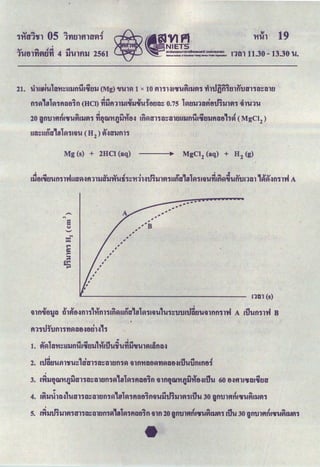 .
u .... """" """
l'Utll'nAU'n 4 lJ'UlfllJ 2561 ntn 11.30- 13.30 u.
21. 1il&u.iula,.,~m.mil,a;n,. (Mg) ,.uu1t x to VlllH&cuugj,,.VI, 'ri1tlnmnln'Ucr11a~aln
.
tl1~1Bl~·n1Dttltl (HCI) fiijfllllii~SJ~Ufena~ 0.75 l~rJSJlDAtnJ1SJ1VI1 ll'Ul'U
.
J ... Cl ... v ... Cl Cl " I
20 )tl'Ulfln1CJJ'UVIISJVI1 'nfltl.!'t1.QSJ't18-3 ln~Ul'H'I~llltllllltl'UICJJtiSJfiD811~ ( MgCI2 )
IID~IItlD'1Bl~11;)'U ( H 2
) ~.:JD'SJfl11
Mg (s) + 2HCI (aq)
-
..,
s
y
-
,
•
•
,
•
,
,
,
,
..
,
,
,
,
,
,
,
•
,
..............
,''B
..
,
MgCI2
(aq) + H2
(g)
....
....
lli.'ll (s)
;,1n~eJD ol~e~m,1<Hm1&n~llnD'1Bl~,,;,u1u1~'Umtlanumnn11~ A 1uun11~ B
Al1t11''Utn1fl~i.'16~8~H11
, .
""" ..,...,. !I!Sif'l ......... Ill
1. VI~ &D'H~IISJtl'UICJJtiSJ &'HI'U'U'IS'UfiSJ"U'Ul~li.'ltli.'l~
_•..t , ' f'l ..,. 4
2. I'Ui.'lti'U.fll'IS'U~ UUlll.'l~i.'lltltl1~ ;)ltl't1ll8~fi~D8~I'U'U'Utlltl81
3. l~llfltl.!'H.QilU11i.'l~i.'lltltl1~1Bl~1Al.'l8';n ;)lfl~W'H.Qil't'o~d1u 60 8~flliCJJi.'llaWtl11'
4. lgjs.J~lD~1UD'11i.'l~i.'lltltl1~1ul~1Ai.'18';n;,uijtJ;s.~lfi11J'U 30 )tl'Ulfi~ICV'Ugjlllfl1
5. I~SJUlSJ1V11D'11i.'l~i.'lltltl1~1ul~1Ai.'18';n ;)lfl20 Qtl'Ulfi~IGJ'UgjiSJV111iJU 30 )tl'Ulft~ICV'Ugjlllfl1
 
