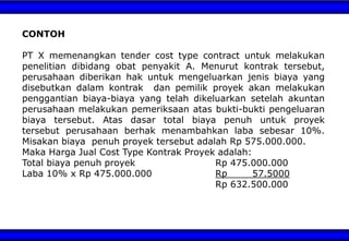 CONTOH
PT X memenangkan tender cost type contract untuk melakukan
penelitian dibidang obat penyakit A. Menurut kontrak tersebut,
perusahaan diberikan hak untuk mengeluarkan jenis biaya yang
disebutkan dalam kontrak dan pemilik proyek akan melakukan
penggantian biaya-biaya yang telah dikeluarkan setelah akuntan
perusahaan melakukan pemeriksaan atas bukti-bukti pengeluaran
biaya tersebut. Atas dasar total biaya penuh untuk proyek
tersebut perusahaan berhak menambahkan laba sebesar 10%.
Misakan biaya penuh proyek tersebut adalah Rp 575.000.000.
Maka Harga Jual Cost Type Kontrak Proyek adalah:
Total biaya penuh proyek Rp 475.000.000
Laba 10% x Rp 475.000.000 Rp 57.5000
Rp 632.500.000
 
