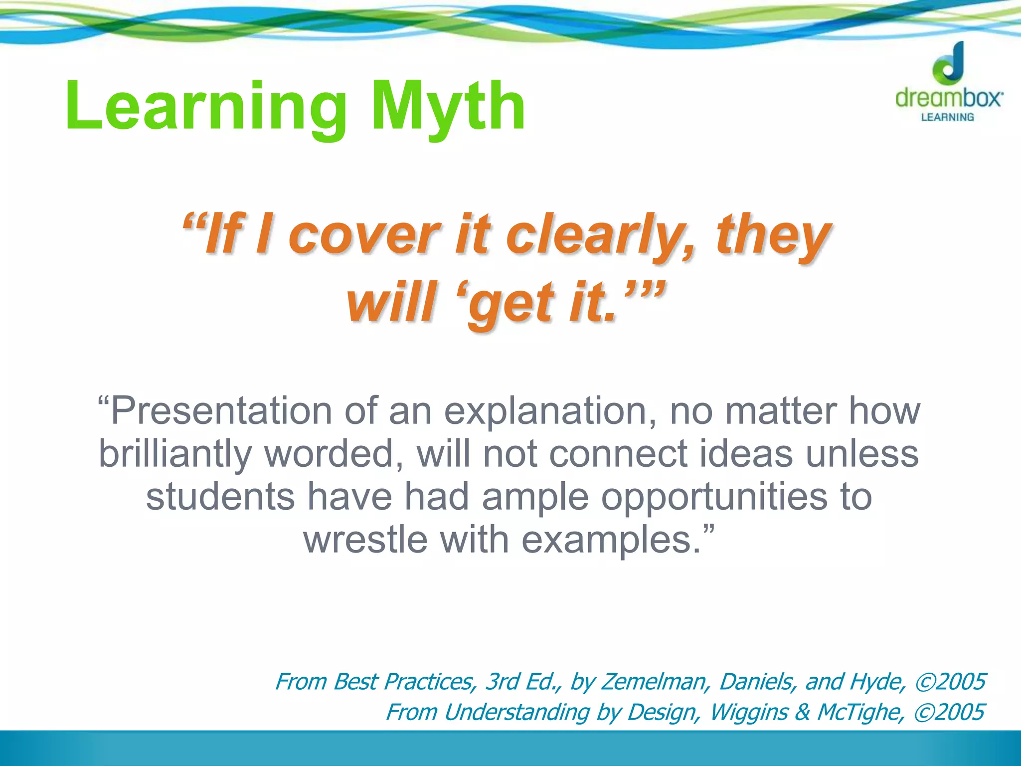 Learning Myth
“Presentation of an explanation, no matter how
brilliantly worded, will not connect ideas unless
students have had ample opportunities to
wrestle with examples.”
From Best Practices, 3rd Ed., by Zemelman, Daniels, and Hyde, ©2005
From Understanding by Design, Wiggins & McTighe, ©2005
“If I cover it clearly, they
will ‘get it.’”
 