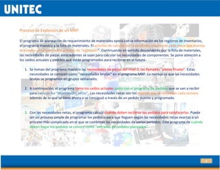 11
Proceso de Explosión de un MRP.
El programa de planeación de requerimiento de materiales opera con la información de los registros de inventarios,
el programa maestro y la lista de materiales. El proceso de calcular las necesidades exactas de cada pieza que maneja
el sistema se conoce como proceso de “explosión”. Continuando en sentido descendente por la lista de materiales,
las necesidades de piezas antecedentes se usan para calcular las necesidades de componentes. Se pone atención a
los saldos actuales y pedidos que están programados para recibirse en el futuro.
1. Se toman del programa maestro las necesidades de piezas del nivel 0, las llamadas “piezas finales”. Estas
necesidades se conocen como “necesidades brutas” en el programa MRP. Lo normal es que las necesidades
brutas se programen en grupos semanales.
2. A continuación, el programa toma los saldos actuales junto con el programa de pedidos que se van a recibir
para calcular las “necesidades netas”. Las necesidades netas son los montos que se necesitan cada semana
además de lo que se tiene ahora o se consiguió a través de un pedido puesto y programado.
3. Con las necesidades netas, el programa calcula cuándo deben recibirse los pedidos para satisfacerlas. Puede
ser un proceso simple de programar los pedidos para que lleguen según las necesidades netas exactas o un
proceso más complicado en el que se combinan las necesidades de varios periodos. Este programa de cuándo
deben llegar los pedidos se conoce como “entradas de pedidos planeados”.
 