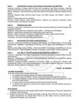UNIT II EXPRESSING CAUSAL RELATIONS IN SPEAKING AND WRITING 12
Listening - Listening to longer technical talks and completing– gap filling exercises. Listening
technical information from podcasts – Listening to process/event descriptions to identify cause &
effects - Speaking – Describing and discussing the reasons of accidents or disasters based on news
reports.
Reading - Reading longer technical texts– Cause and Effect Essays, and Letters / emails of
complaint,
Writing - Writing responses to complaints.
Grammar - Active Passive Voice transformations, Infinitive and Gerunds Vocabulary – Word
Formation (Noun-Verb-Adj-Adv), Adverbs.
UNIT III PROBLEM SOLVING 12
Listening – Listening to / Watching movie scenes/ documentaries depicting a technical problem and
suggesting solutions.
Speaking – Group Discussion (based on case studies), - techniques and Strategies,
Reading - Case Studies, excerpts from literary texts, news reports etc.
Writing – Letter to the Editor, Checklists, Problem solution essay / Argumentative Essay
Grammar – Error correction; If conditional sentences
Vocabulary - Compound Words, Sentence Completion.
UNIT IV REPORTING OF EVENTS AND RESEARCH 12
Listening – Listening Comprehension based on news reports – and documentaries – Precis writing,
Summarising, Speaking – Interviewing, Presenting an oral report, Mini presentations on select
topics;
Reading –Newspaper articles; Writing – Recommendations, Transcoding, Accident Report, Survey
Report Grammar – Reported Speech, Modals Vocabulary – Conjunctions- use of prepositions
UNIT V THE ABILITY TO PUT IDEAS OR INFORMATION COGENTLY 12
Listening – Listening to TED Talks, Presentations, Formal job interviews, (analysis of the interview
performance);
Speaking – Participating in a Role play, (interview/telephone interview), virtual interviews, Making
presentations with visual aids;
Reading – Company profiles, Statement of Purpose, (SOP), an excerpt of interview with
professionals; Writing – Job / Internship application – Cover letter & Resume; Grammar – Numerical
adjectives, Relative Clauses Vocabulary – Idioms.
TOTAL : 60 PERIODS
COURSE OUTCOMES:
At the end of the course, learners will be able
 To compare and contrast products and ideas in technical texts.
 To identify cause and effects in events, industrial processes through technical texts
 To analyze problems in order to arrive at feasible solutions and communicate them orally
and in the written format.
 To report events and the processes of technical and industrial nature.
 To present their opinions in a planned and logical manner, and draft effective resumes in
context of job search.
TEXT BOOKS
1. English for Engineers & Technologists (2020 edition) Orient Blackswan Private Ltd. Department
of English, Anna University.
2. English for Science & Technology Cambridge University Press 2021.Dr. Veena Selvam, Dr.
Sujatha Priyadarshini, Dr. Deepa Mary Francis, Dr. KN. Shoba, and Dr. Lourdes Joevani,
Department of English, Anna University.
 