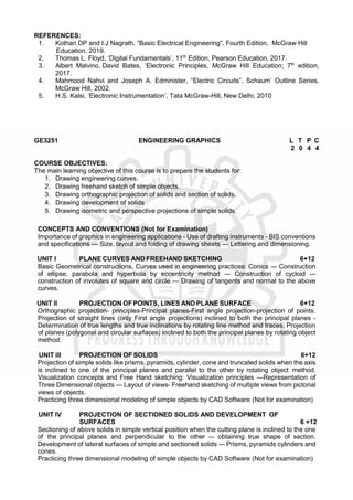 REFERENCES:
1. Kothari DP and I.J Nagrath, “Basic Electrical Engineering”, Fourth Edition, McGraw Hill
Education, 2019.
2. Thomas L. Floyd, ‘Digital Fundamentals’, 11th
Edition, Pearson Education, 2017.
3. Albert Malvino, David Bates, ‘Electronic Principles, McGraw Hill Education; 7th
edition,
2017.
4. Mahmood Nahvi and Joseph A. Edminister, “Electric Circuits”, Schaum’ Outline Series,
McGraw Hill, 2002.
5. H.S. Kalsi, ‘Electronic Instrumentation’, Tata McGraw-Hill, New Delhi, 2010
GE3251 ENGINEERING GRAPHICS L T P C
2 0 4 4
COURSE OBJECTIVES:
The main learning objective of this course is to prepare the students for:
1. Drawing engineering curves.
2. Drawing freehand sketch of simple objects.
3. Drawing orthographic projection of solids and section of solids.
4. Drawing development of solids
5. Drawing isometric and perspective projections of simple solids.
CONCEPTS AND CONVENTIONS (Not for Examination)
Importance of graphics in engineering applications - Use of drafting instruments - BIS conventions
and specifications — Size, layout and folding of drawing sheets — Lettering and dimensioning.
UNIT I PLANE CURVES ANDFREEHAND SKETCHING 6+12
Basic Geometrical constructions, Curves used in engineering practices: Conics — Construction
of ellipse, parabola and hyperbola by eccentricity method — Construction of cycloid —
construction of involutes of square and circle — Drawing of tangents and normal to the above
curves.
UNIT II PROJECTION OFPOINTS, LINES AND PLANE SURFACE 6+12
Orthographic projection- principles-Principal planes-First angle projection-projection of points.
Projection of straight lines (only First angle projections) inclined to both the principal planes -
Determination of true lengths and true inclinations by rotating line method and traces. Projection
of planes (polygonal and circular surfaces) inclined to both the principal planes by rotating object
method.
UNIT III PROJECTION OF SOLIDS 6+12
Projection of simple solids like prisms, pyramids, cylinder, cone and truncated solids when the axis
is inclined to one of the principal planes and parallel to the other by rotating object method.
Visualization concepts and Free Hand sketching: Visualization principles —Representation of
Three Dimensional objects — Layout of views- Freehand sketching of multiple views from pictorial
views of objects.
Practicing three dimensional modeling of simple objects by CAD Software (Not for examination)
UNIT IV PROJECTION OF SECTIONED SOLIDS AND DEVELOPMENT OF
SURFACES 6 +12
Sectioning of above solids in simple vertical position when the cutting plane is inclined to the one
of the principal planes and perpendicular to the other — obtaining true shape of section.
Development of lateral surfaces of simple and sectioned solids — Prisms, pyramids cylinders and
cones.
Practicing three dimensional modeling of simple objects by CAD Software (Not for examination)
 