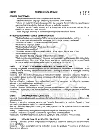 HS3151 PROFESSIONAL ENGLISH - I L T P C
3 1 0 4
COURSE OBJECTIVES:
 To improve the communicative competence of learners
 To help learners use language effectively in academic /work contexts
 To build on students’ English language skills by engaging them in listening, speaking and
grammar learning activities that are relevant to authentic contexts.
 To develop learners’ ability to read and write complex texts, summaries, articles, blogs,
definitions, essays and user manuals.
 To use language efficiently in expressing their opinions via various media.
INTRODUCTION TO EFFECTIVE COMMUNICATION 1
 What is effective communication? (There are many interesting activities for this.)
 Why is communication critical for excellence during study, research and work?
 What are the seven C’s of effective communication?
 What are key language skills?
 What is effective listening? What does it involve?
 What is effective speaking?
 What does it mean to be an excellent reader? What should you be able to do?
 What is effective writing?
 How does one develop language and communication skills?
 What does the course focus on? How are communication and language skills going to be
enhanced during this course? What do you as a learner need to do to enhance your English
language and communication skills to get the best out of this course?
UNIT I INTRODUCTION TO FUNDAMENTALS OF COMMUNICATION 11
Listening –for general information-specific details- conversation: Introduction to classmates - Audio
/ video (formal & informal); Telephone conversation; Listening to voicemail & messages; Listening
and filling a form
Speaking - Self Introduction; Introducing a friend; Conversation - politeness strategies; Telephone
conversation; Leave a voicemail; Leave a message with another person; asking for information to
fill details in a form.
Reading - Reading brochures (technical context), telephone messages / social media messages
relevant to technical contexts and emails.
Writing - Writing emails / letters introducing oneself
Grammar - Present Tense (simple and progressive); Question types: Wh/ Yes or No/ and Tags
Vocabulary - Synonyms; One word substitution; Abbreviations & Acronyms (as used in technical
contexts).
UNIT II NARRATION AND SUMMATION 12
Listening - Listening to podcast, anecdotes / stories / event narration; documentaries and interviews
with celebrities.
Speaking - Narrating personal experiences / events; Interviewing a celebrity; Reporting / and
summarizing of documentaries / podcasts/ interviews.
Reading - Reading biographies, travelogues, newspaper reports, Excerpts from literature, and travel
& technical blogs.
Writing - Guided writing-- Paragraph writing Short Report on an event (field trip etc.)
Grammar –Past tense (simple); Subject-Verb Agreement; and Prepositions
Vocabulary - Word forms (prefixes& suffixes); Synonyms and Antonyms. Phrasal verbs.
UNIT III DESCRIPTION OF A PROCESS / PRODUCT 12
Listening - Listen to a product and process descriptions; a classroom lecture; and advertisements
about a products.
Speaking – Picture description; giving instruction to use the product; Presenting a product; and
Summarizing a lecture.
 