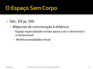  Séc. XX p/. XXI
 Máquinas de comunicação à distância
▪ Espaço especializado e linear passa a ser a-direcional e
a-dimensional
▪ Multifuncionalidade virtual
Prof. Ms. Agnes Arruda | Comunicação e Semiótica26/05/2014 12
 