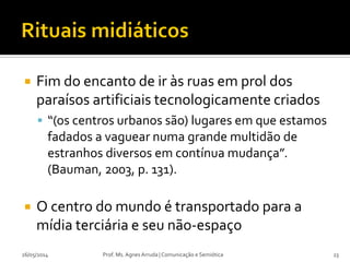  Fim do encanto de ir às ruas em prol dos
paraísos artificiais tecnologicamente criados
 “(os centros urbanos são) lugares em que estamos
fadados a vaguear numa grande multidão de
estranhos diversos em contínua mudança”.
(Bauman, 2003, p. 131).
 O centro do mundo é transportado para a
mídia terciária e seu não-espaço
26/05/2014 Prof. Ms. Agnes Arruda | Comunicação e Semiótica 23
 