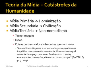  Mídia Primária -> Hominização
 Mídia Secundária -> Civilização
 MídiaTerciária -> Neo-nomadismo
▪ Tecno-imagens
▪ Ilusão
▪ Coisas perdem valor e não-coisas ganham valor
▪ “A nulodimensão passa a ser o mundo para o qual somos
impelidos com crescente veemência. Um mundo no qual
somente há espaço para seres fluidos como o vento,
evanescentes como a luz, efêmeros como o tempo.” (BAITELLO,
p. 5, 2013).
26/05/2014 Prof. Ms. Agnes Arruda | Comunicação e Semiótica 3
 